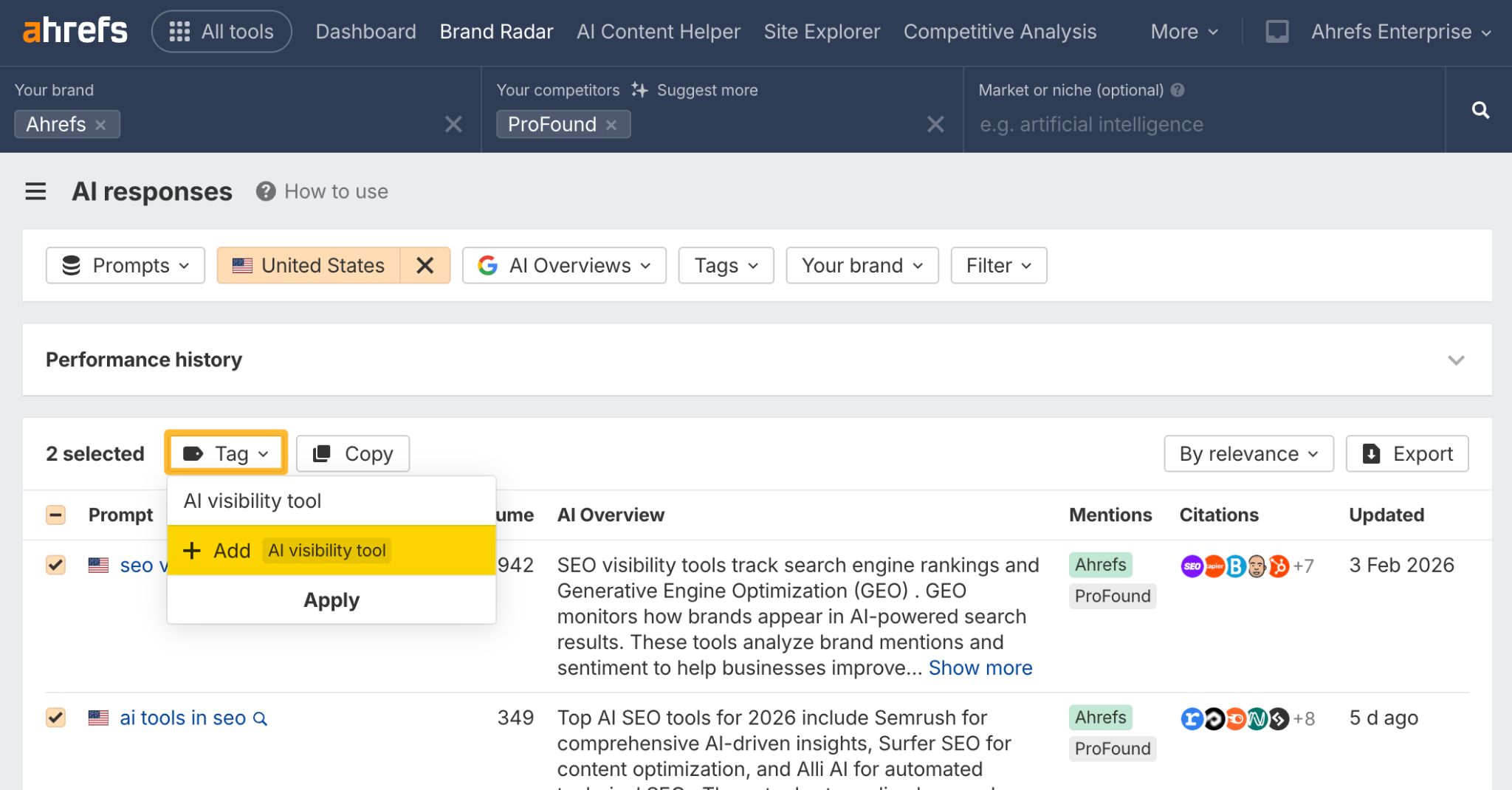 Captura de pantalla de la interfaz de Brand Radar mostrando el seguimiento agregado y uso de etiquetas.