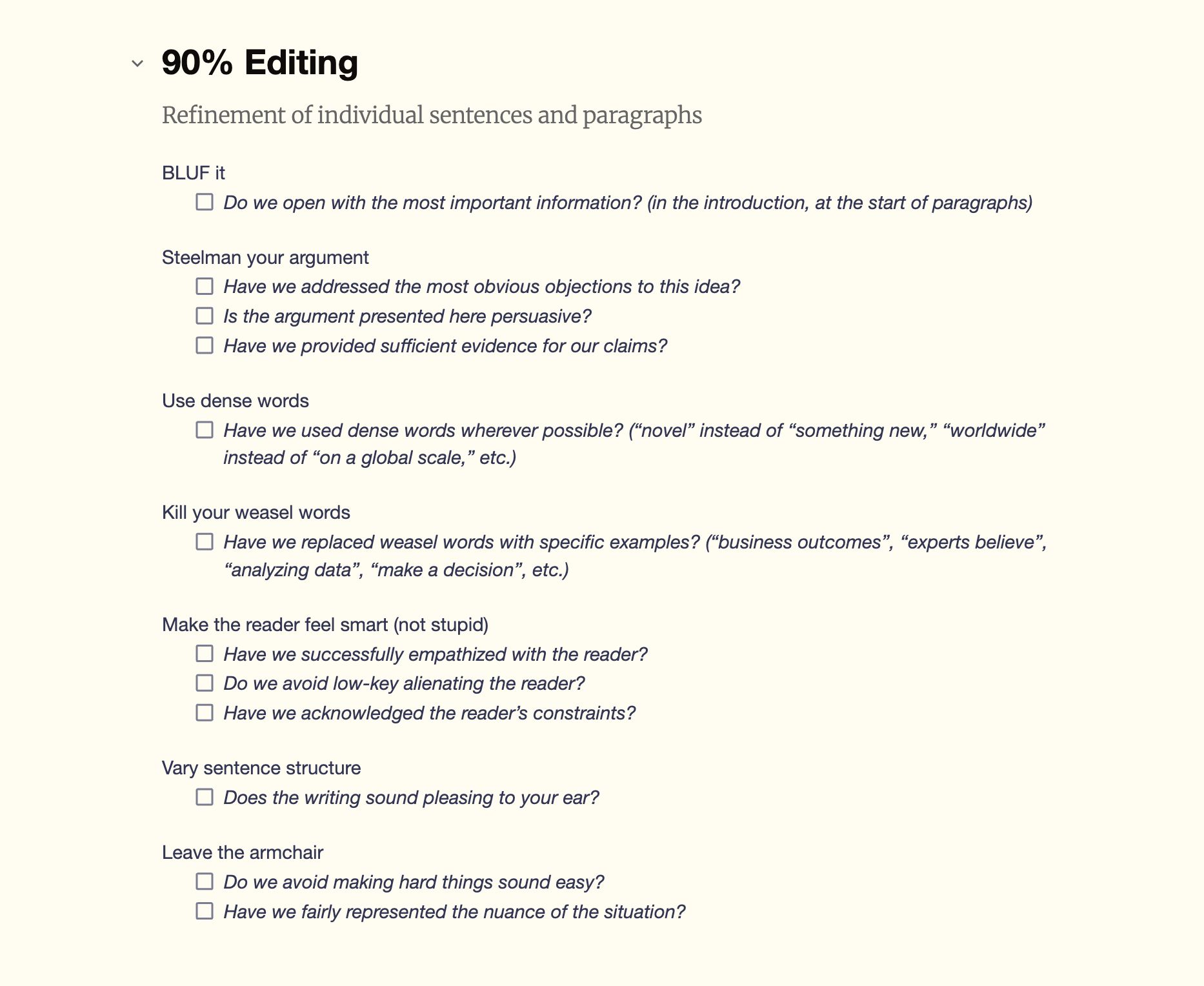 Captura de pantalla de una lista de verificación de edición de redacción.
