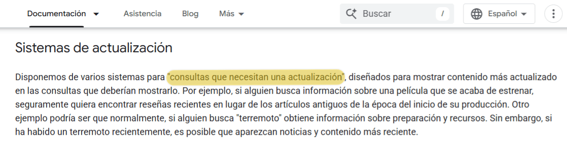 Captura de pantalla de una página de Google Search Central titulada "Sistemas de actualización".