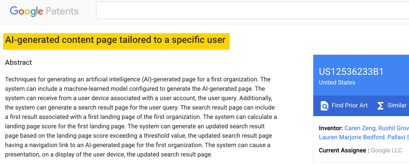 Captura de pantalla de una página de patentes de Google para "Página de contenido generado por IA adaptada a un usuario específico", detallando un resumen.