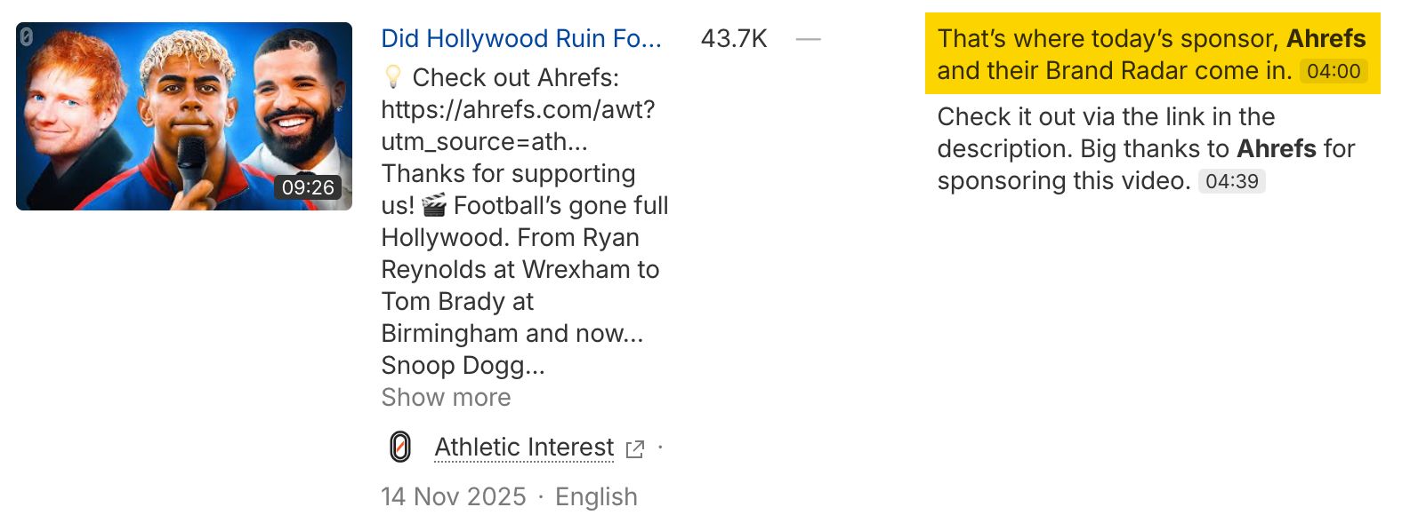 Captura de pantalla de vídeo de YouTube mostrando "¿Arruinó Hollywood el fútbol?" con 43,7K visualizaciones, destacando el patrocinio de Ahrefs y el branding del canal Athletic Interest.