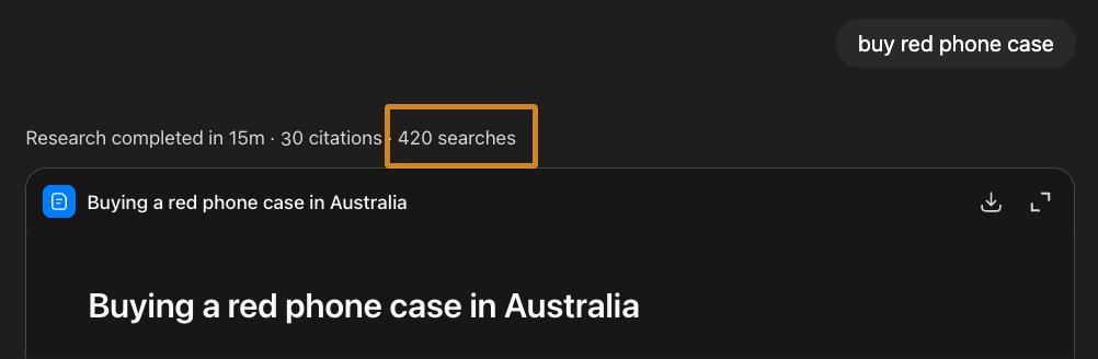 ChatGPT Deep Research para "buy red phone case" (comprar funda de móvil roja), que ejecutó 420 búsquedas y citó 30 fuentes.