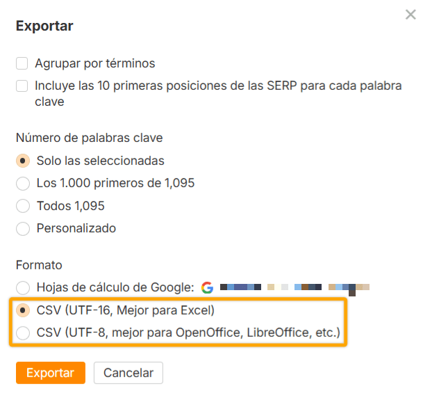 Exportando una lista de palabras clave en Ahrefs.
