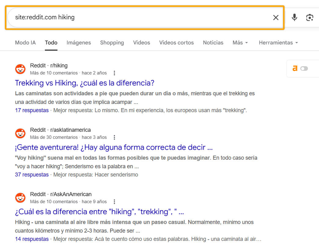 Captura de pantalla de búsqueda en Google usando el operador site:reddit.com