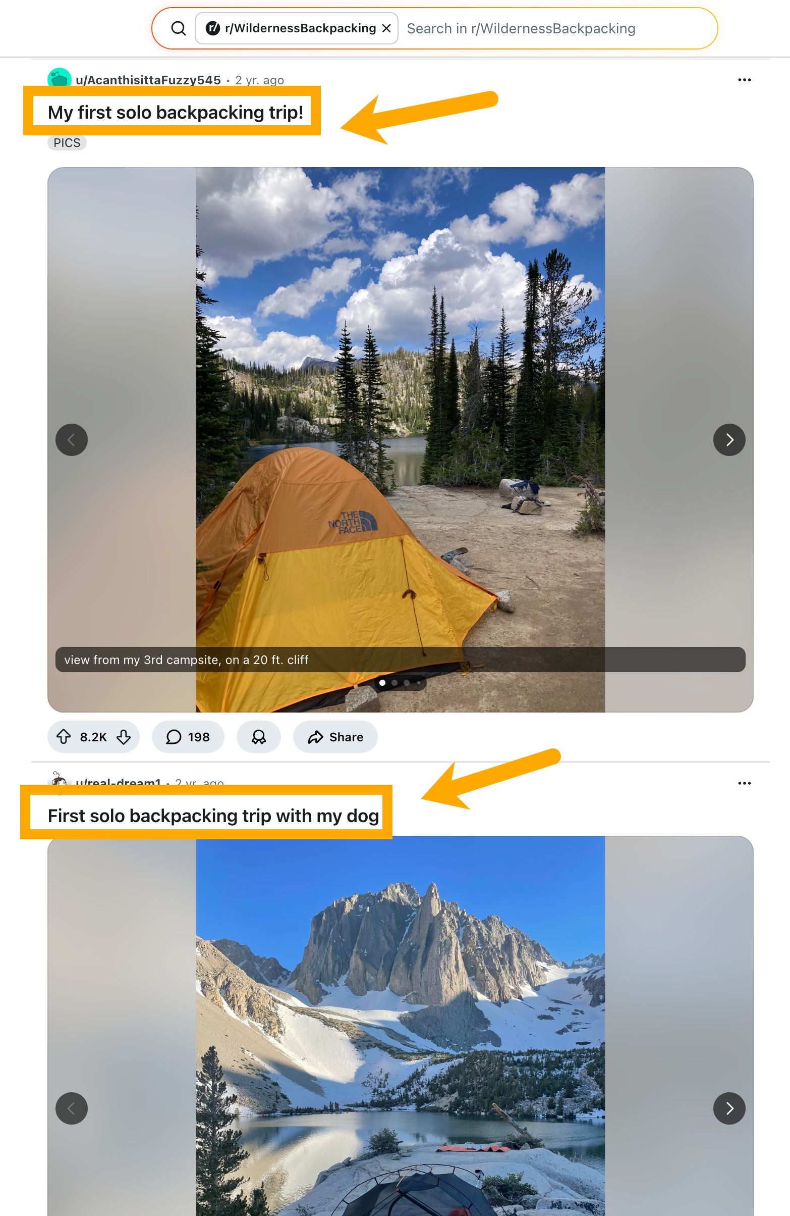 Captura de pantalla de posts populares en el subreddit WildernessBackpacking sobre viajes en solitario