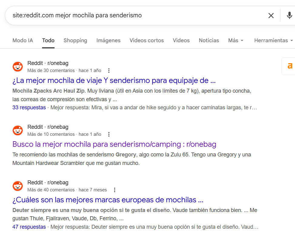 Captura de pantalla de resultados de búsqueda de Google para mochilas de senderismo en Reddit