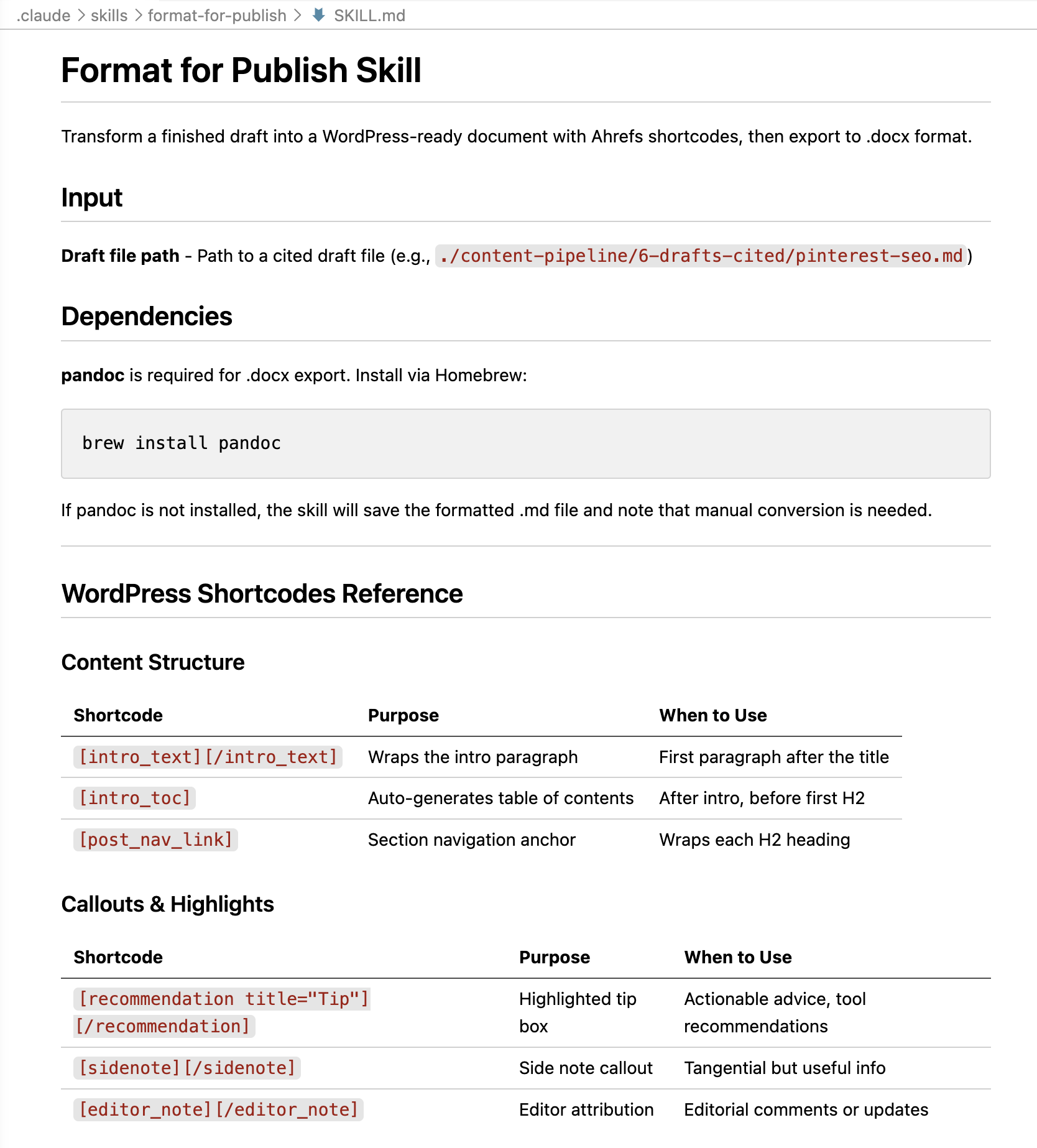 Captura de pantalla del contenido de un skill file con instrucciones en Markdown para Claude. 