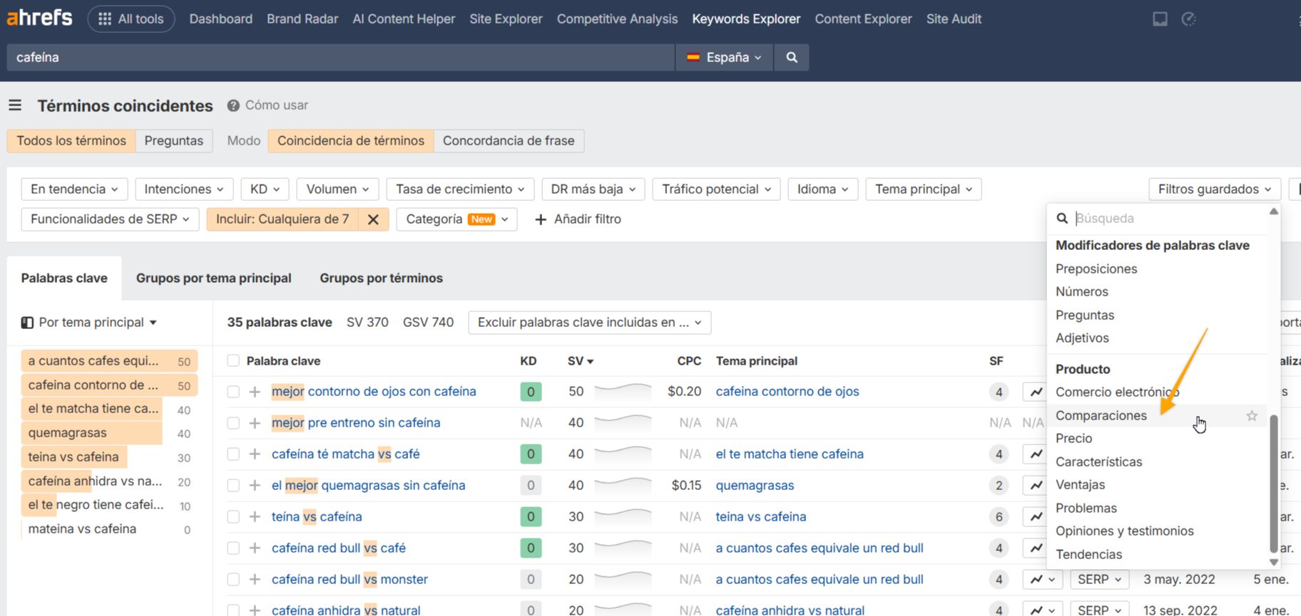 Interfaz de Ahrefs Keywords Explorer, que muestra diferentes filtros de palabras clave y un menú desplegable con 'Comparaciones' resaltado.