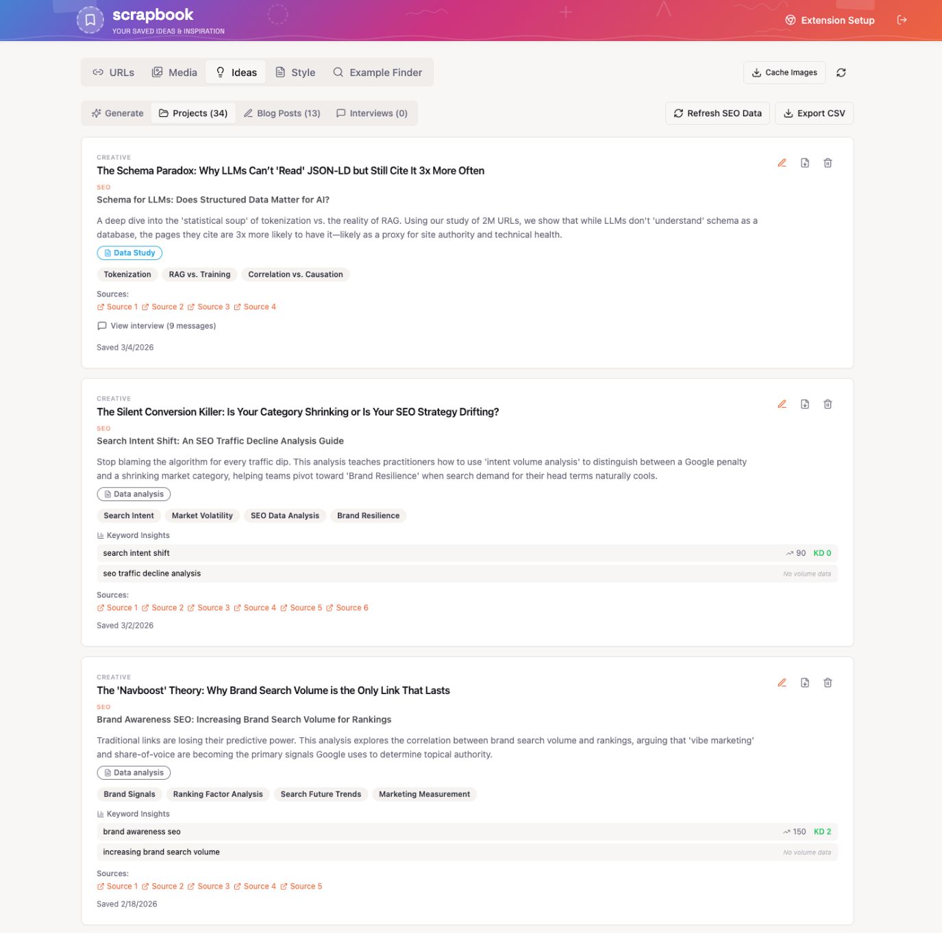 La interfaz de un álbum de recortes digital muestra ideas guardadas, organizadas por temas, con opciones para filtrar, editar y exportar contenido.