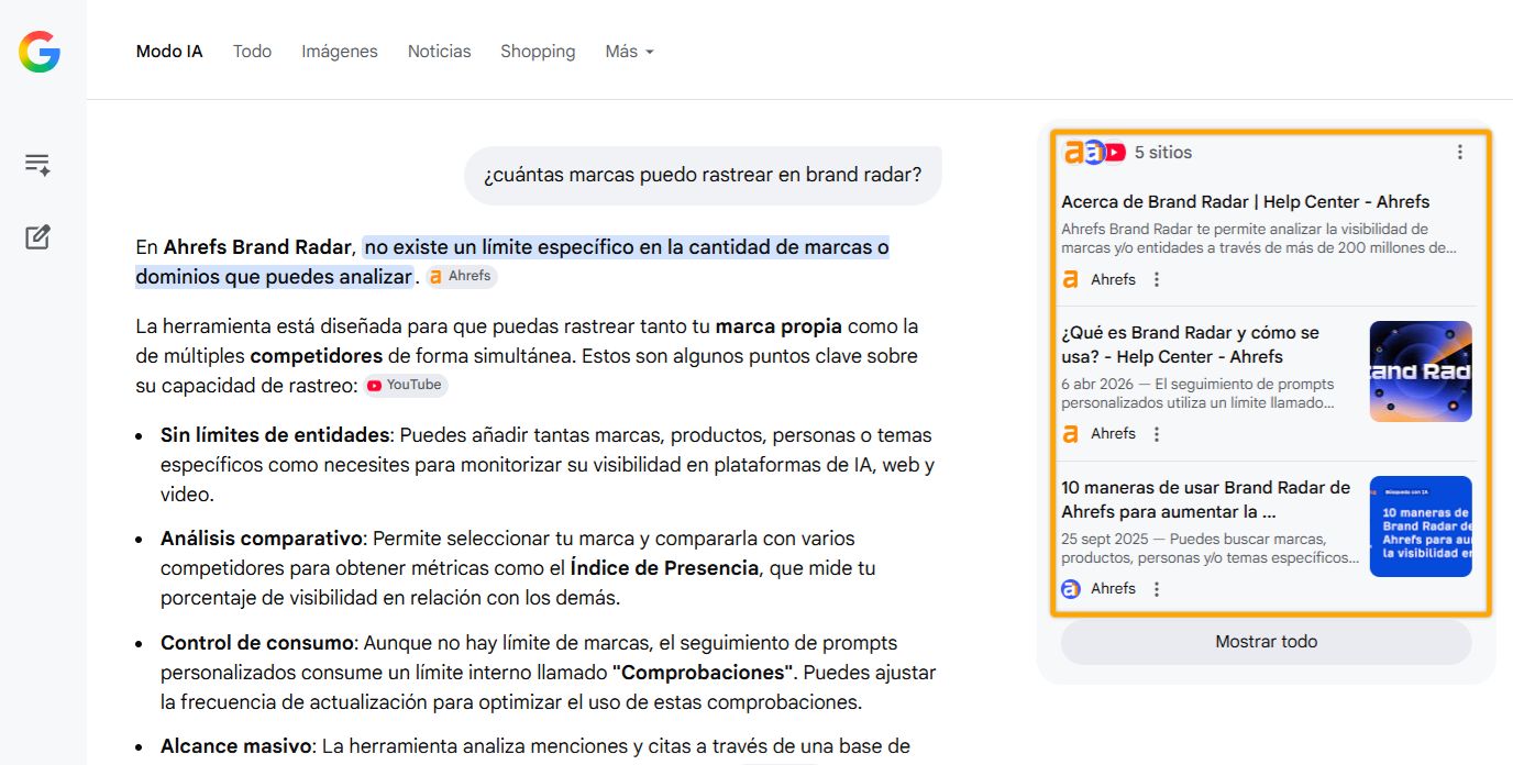 Página de resultados de búsqueda de Google mostrando una consulta sobre Brand Radar de Ahrefs y sus capacidades de rastreo.