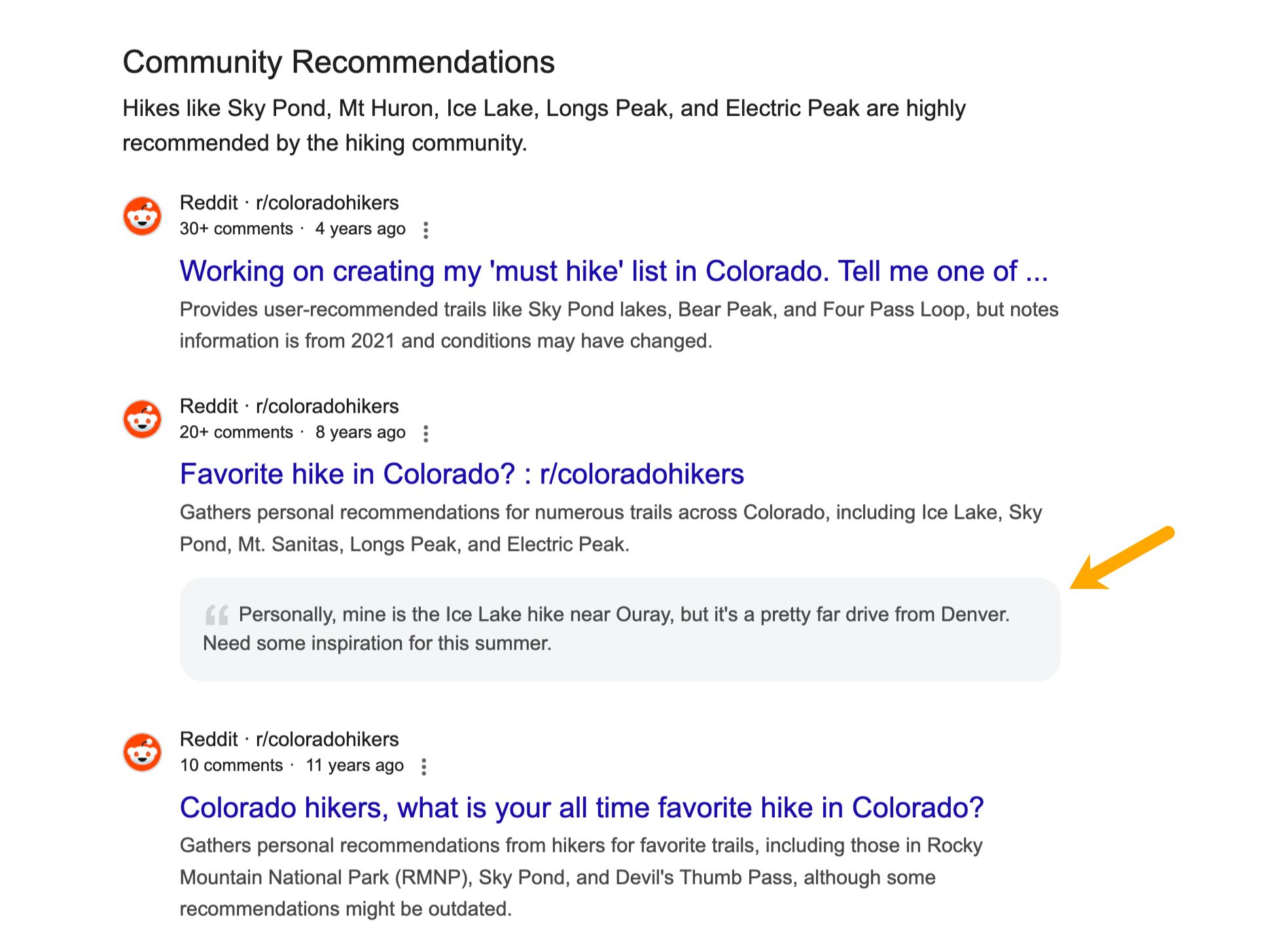 Una captura de pantalla titulada "Recomendaciones de la comunidad" enumera hilos de Reddit sobre caminatas en Colorado, con uno destacado: "Personalmente, la mía es la caminata del lago Ice cerca de Ouray, pero es un viaje bastante largo desde Denver. Necesito algo de inspiración para este verano."