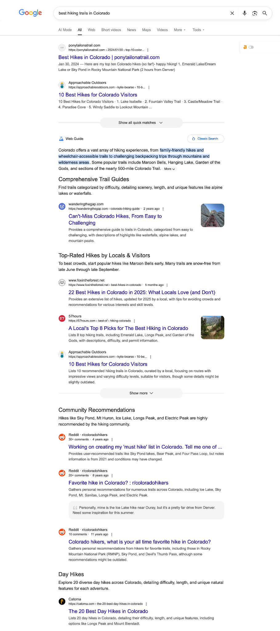 Una página de resultados de búsqueda de Google para "las mejores rutas de senderismo en Colorado" con fragmentos sobre rutas populares y recomendaciones de la comunidad.