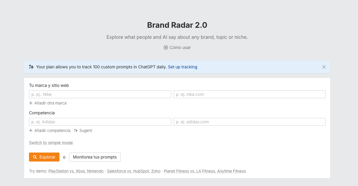 Brand Radar, pantalla de inicio
