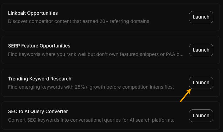 Captura de pantalla de la habilidad "Trending Keyword Research" en Agent A, descrita como una herramienta para encontrar palabras clave emergentes con un crecimiento del 25%+ antes de que la competencia se intensifique.