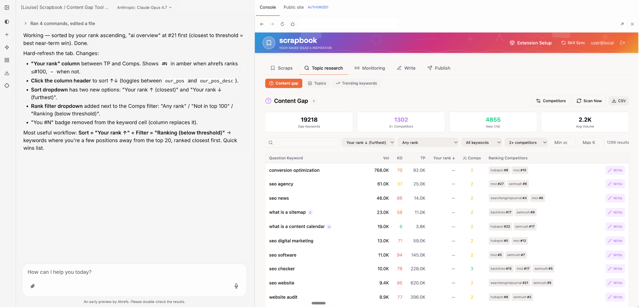 Captura de pantalla de la herramienta "Content Gap" que muestra datos de palabras clave, información de posicionamiento y análisis de la competencia, con notas sobre la nueva interfaz de usuario.