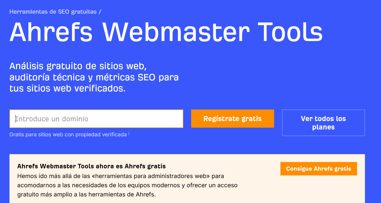 Captura de pantalla de la interfaz del plan gratuito de Ahrefs