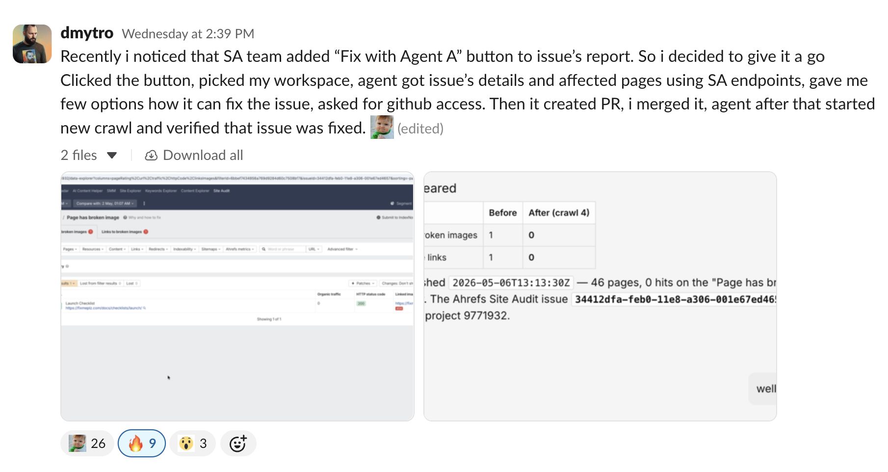 Captura de pantalla de una publicación en redes sociales de Dmytro sobre el nuevo botón "Fix with Agent A" del equipo de Site Audit.