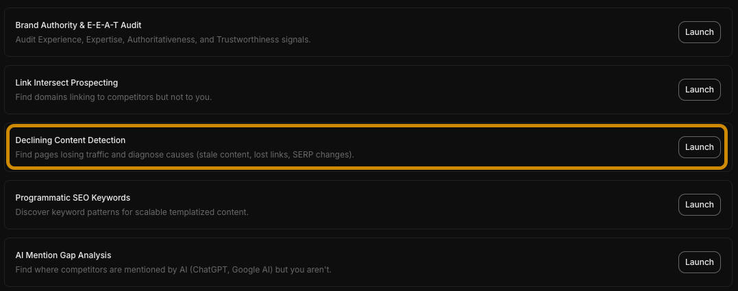 Captura de pantalla del menú de habilidades de Agent A destacando la habilidad "Declining Content Detection", que ayuda a encontrar páginas que pierden tráfico y diagnosticar causas como contenido obsoleto o enlaces perdidos.