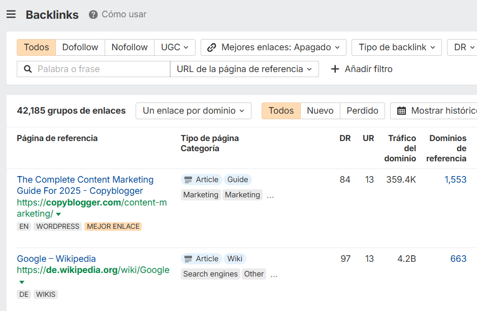 Captura de pantalla mostrando datos de backlinks en la plataforma de Ahrefs