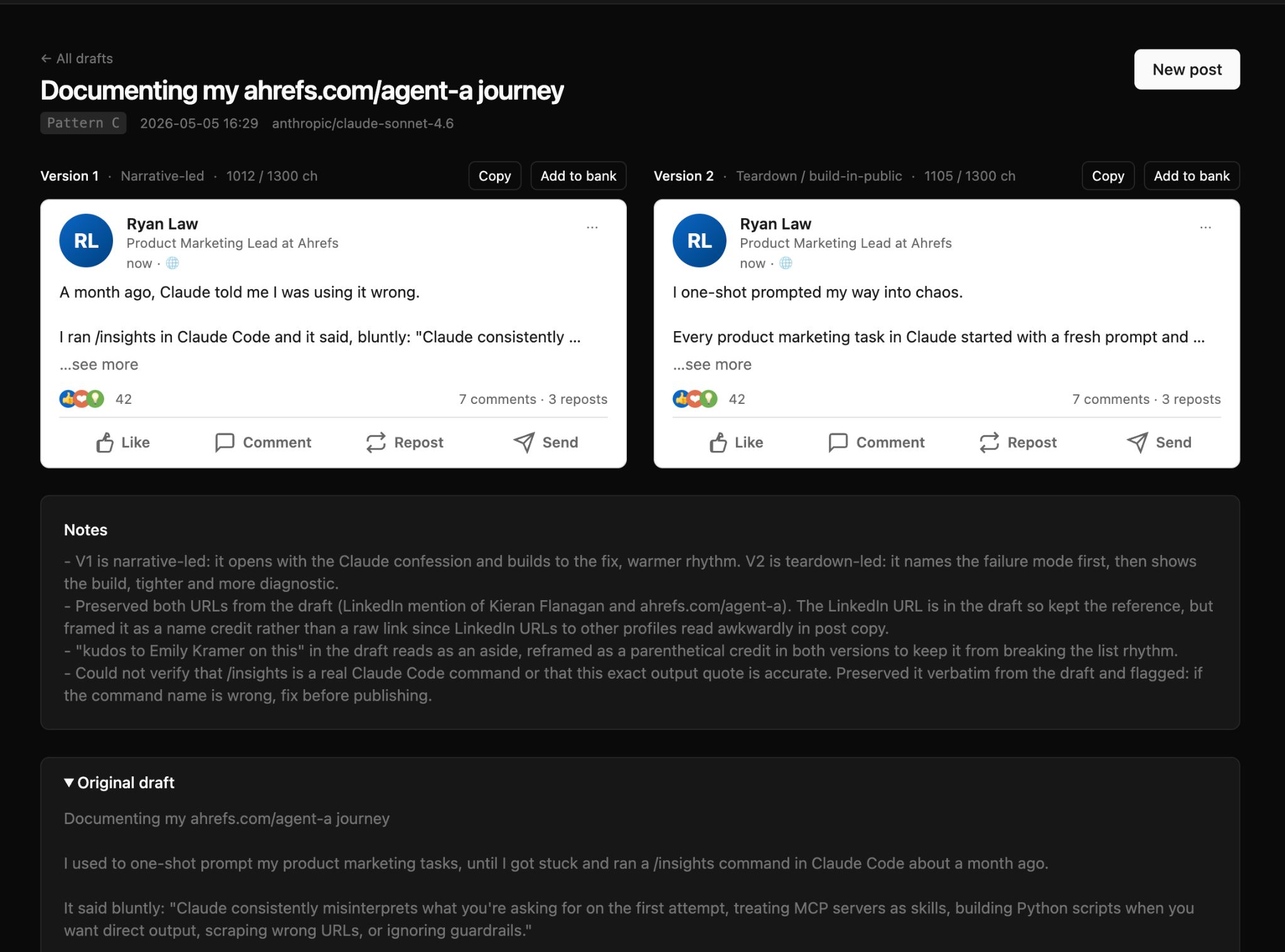 Configuración del generador de publicaciones de LinkedIn haciendo uso de un banco de publicaciones.