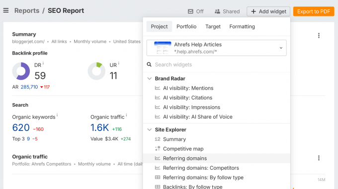Informe SEO mensual en Report Builder de Ahrefs
