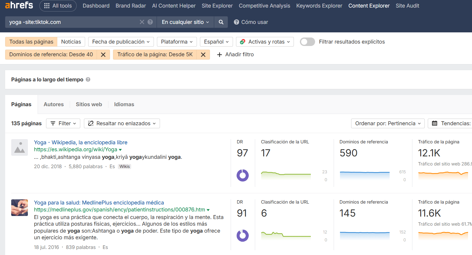 Interfaz de Content Explorer mostrando ideas de contenido