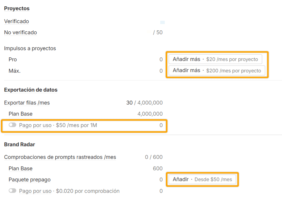 Interfaz para comprar complementos opcionales en Ahrefs