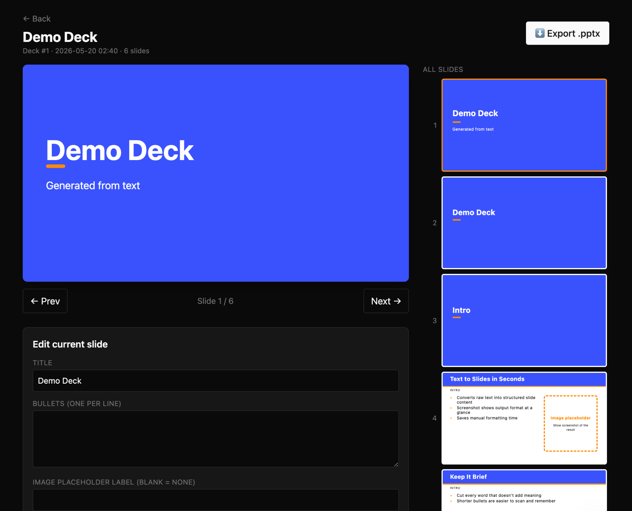 Interfaz web que convierte texto en formato Markdown a diapositivas de PowerPoint.