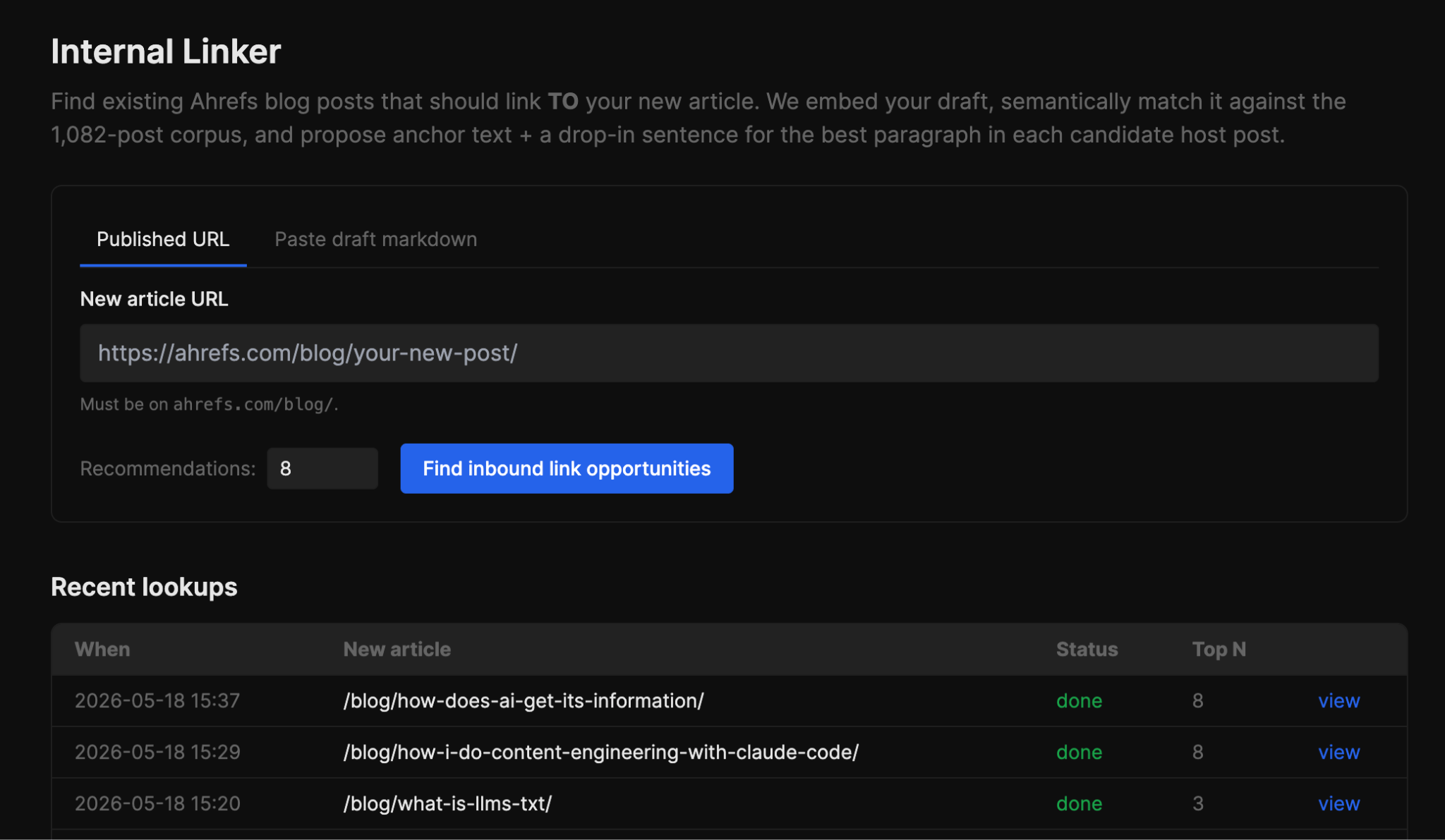Internal Linker procesando recomendaciones de enlaces internos