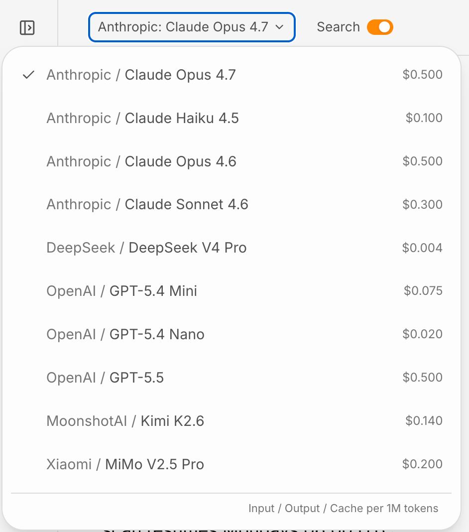 Menú desplegable que muestra una lista de modelos de IA con sus proveedores y precios por 1 millón de tokens.