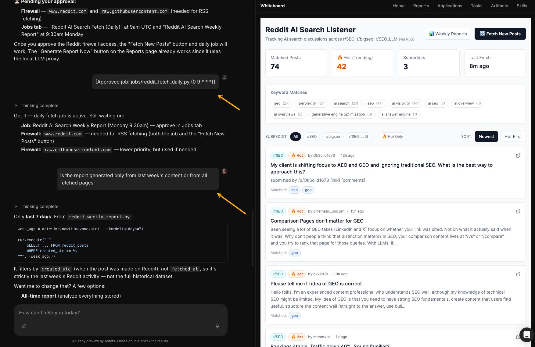 Un centro interactivo Reddit AI Search Listener que muestra tarjetas de volumen para menciones relevantes de la industria junto con un feed de contenido objetivo que transmite preguntas filtradas de la comunidad desde subreddits como r/SEO.