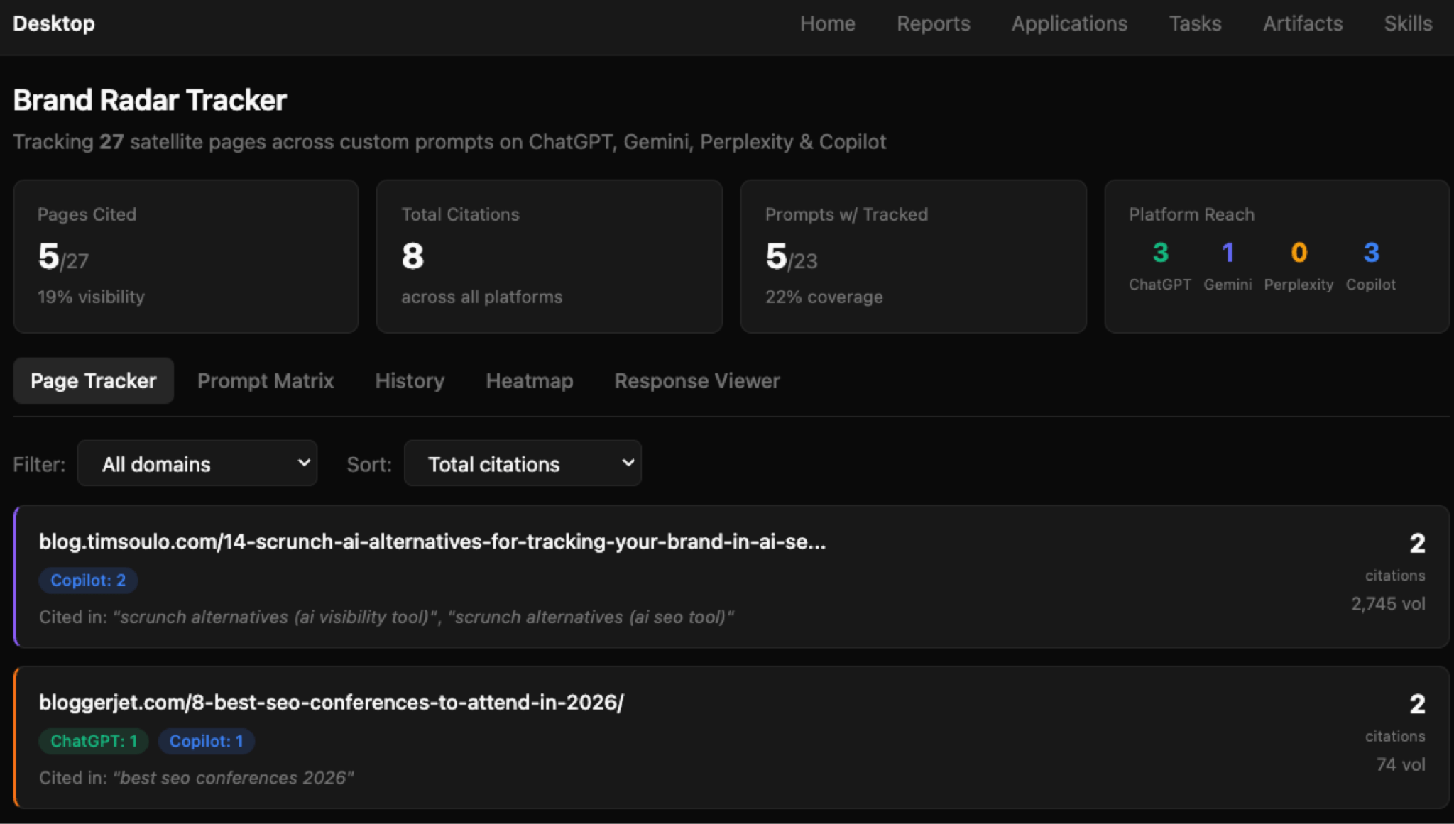 Un diseño de aplicación "Brand Radar de Ahrefs Tracker" que detalla las calificaciones del índice de alcance de búsqueda de plataforma para 27 URL satélite rastreadas en ventanas de Copilot, Perplexity, Gemini y ChatGPT. Pantalla de Agent A.