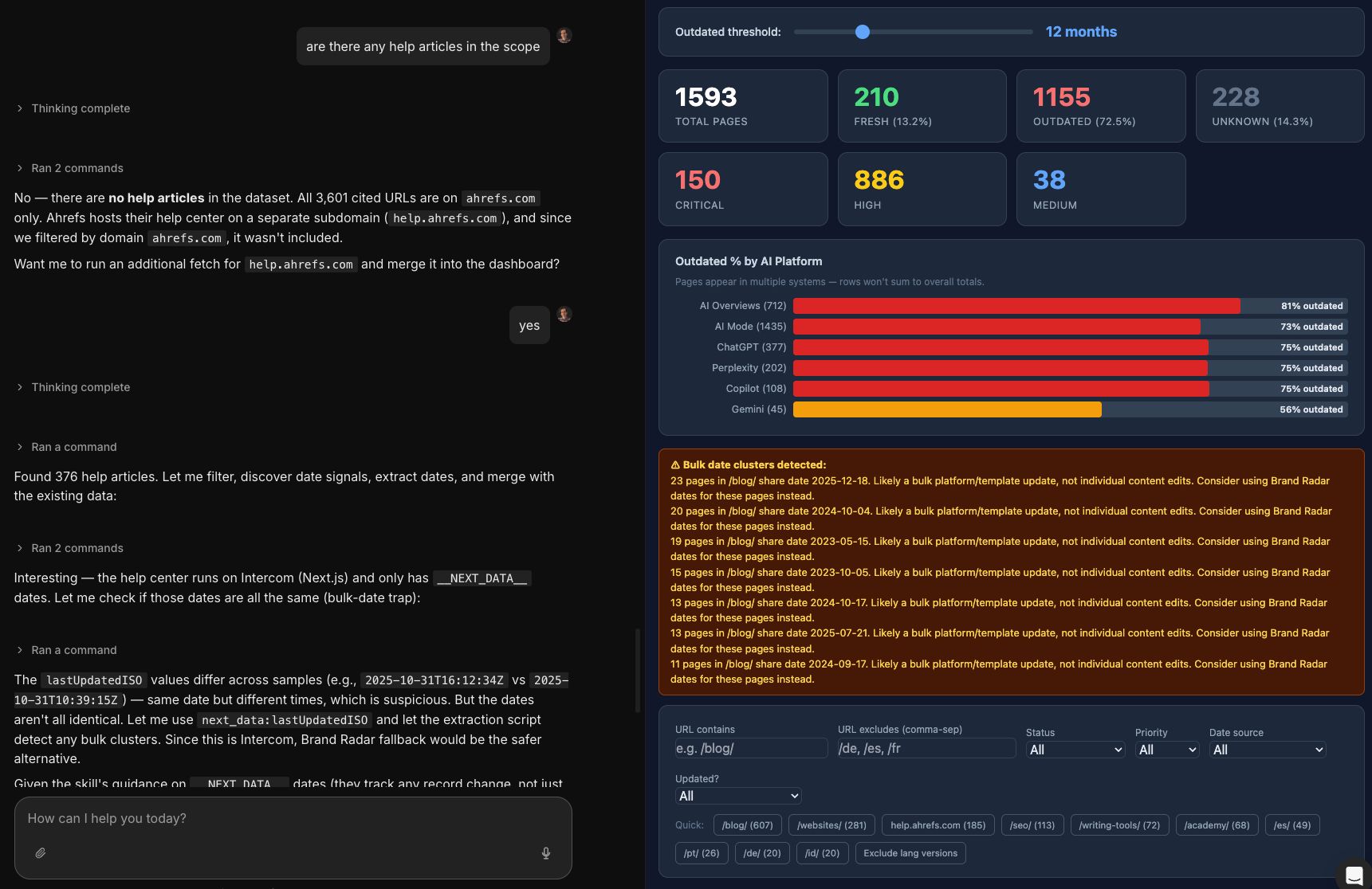 Un panel de auditoría de citas de fuentes rastreando métricas de contexto obsoleto frente a un umbral de obsolescencia de 12 meses, mostrando porcentajes estructurales de referencias de plataforma frescas versus obsoletas de Gemini, Copilot, ChatGPT y Perplexity. Pantalla de Agent A.