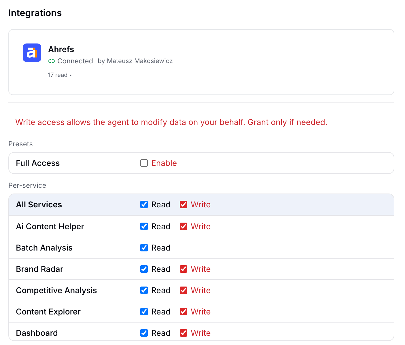 Un panel de integraciones para Enterprise de Ahrefs que detalla opciones de accesibilidad de lectura y escritura en una serie de categorías de diagnóstico como AI Content Helper de Ahrefs, Batch Analysis de Ahrefs y Brand Radar de Ahrefs.
