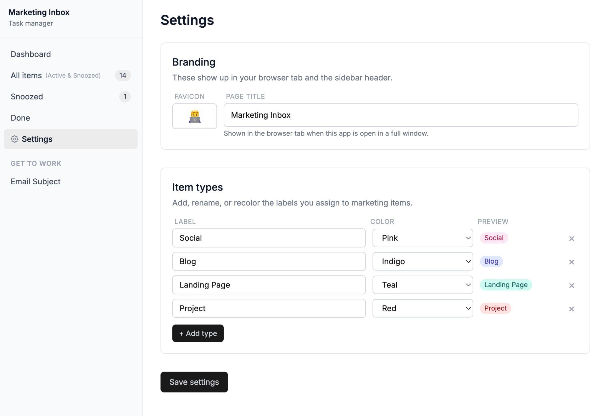 Captura de pantalla de la página de configuración de "Marketing Inbox". Muestra opciones de marca, título de página y tipos de elementos con etiquetas y colores.