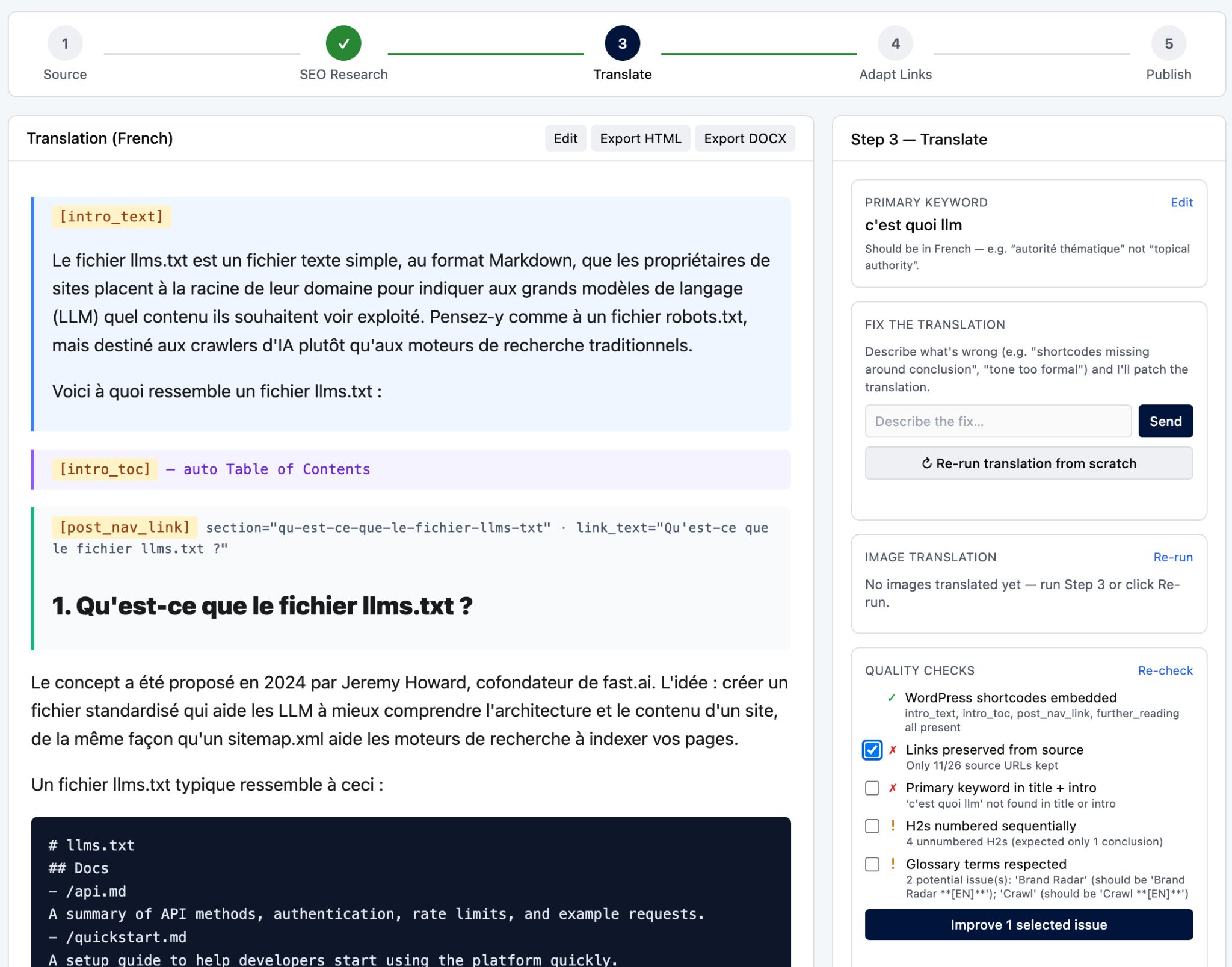 Captura de pantalla mostrando el proceso de reemplazo de enlaces a sus versiones localizadas.