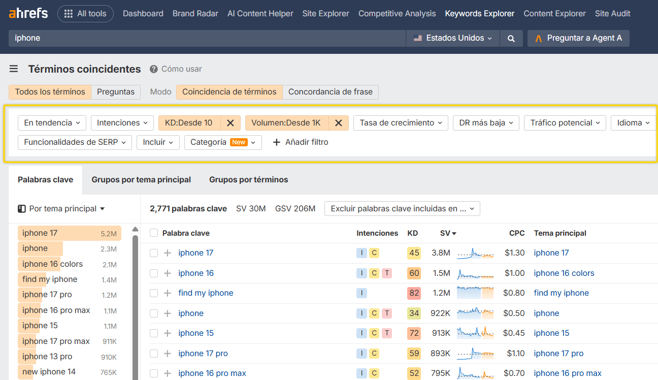 Ejemplo de cómo aplicar filtros en Ahrefs para refinar una lista de palabras clave.