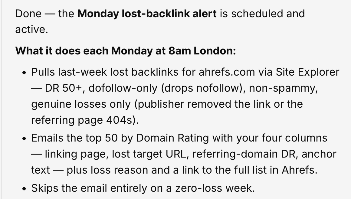 Interfaz de Agent A mostrando detalles de confirmación y tareas programadas para una alerta semanal de backlinks perdidos.