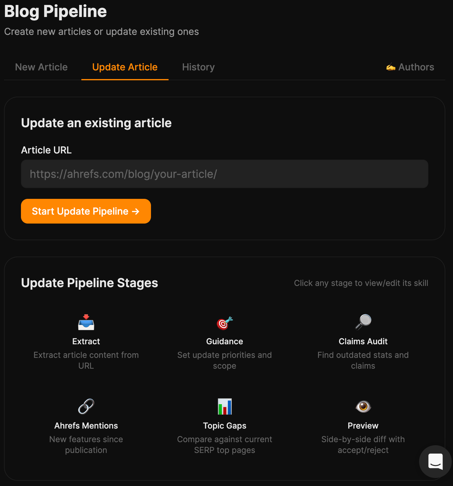 Interfaz del Blog Pipeline de Agent A mostrando un campo de entrada para la URL del artículo y las etapas del flujo de trabajo de actualización.