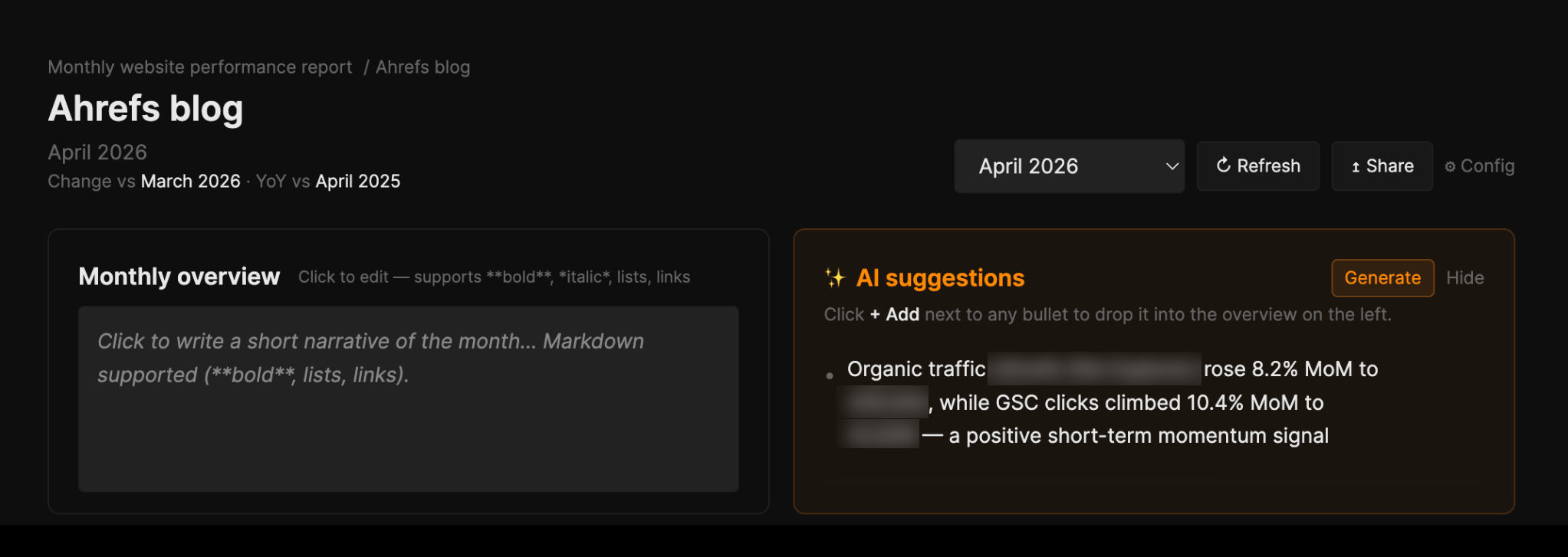 Página web mostrando un informe de rendimiento mensual para el 'blog de Ahrefs' con sugerencias de contenido generadas por IA.