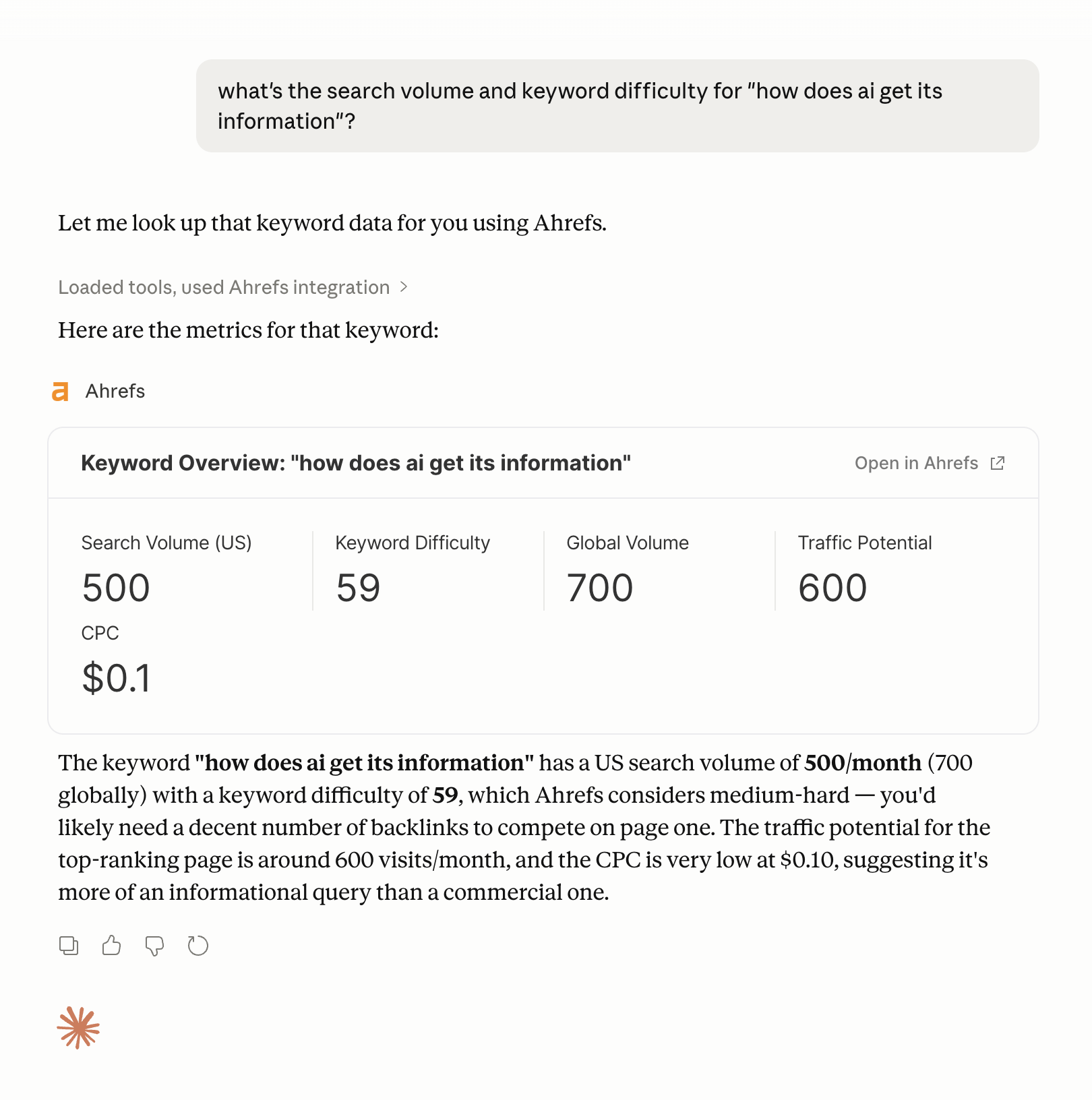 Un ejemplo de obtención de datos de palabras clave usando el MCP de Ahrefs en Claude.