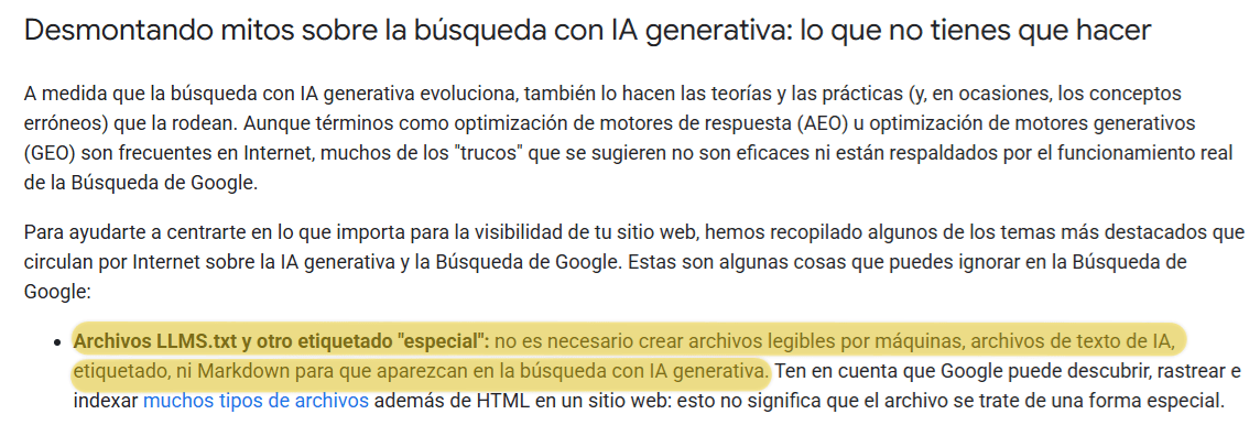Un extracto de texto de "Desmintiendo mitos sobre la búsqueda con IA generativa: lo que no necesitas hacer". El texto resaltado indica que no necesitas archivos especiales ni marcado para la búsqueda con IA generativa.