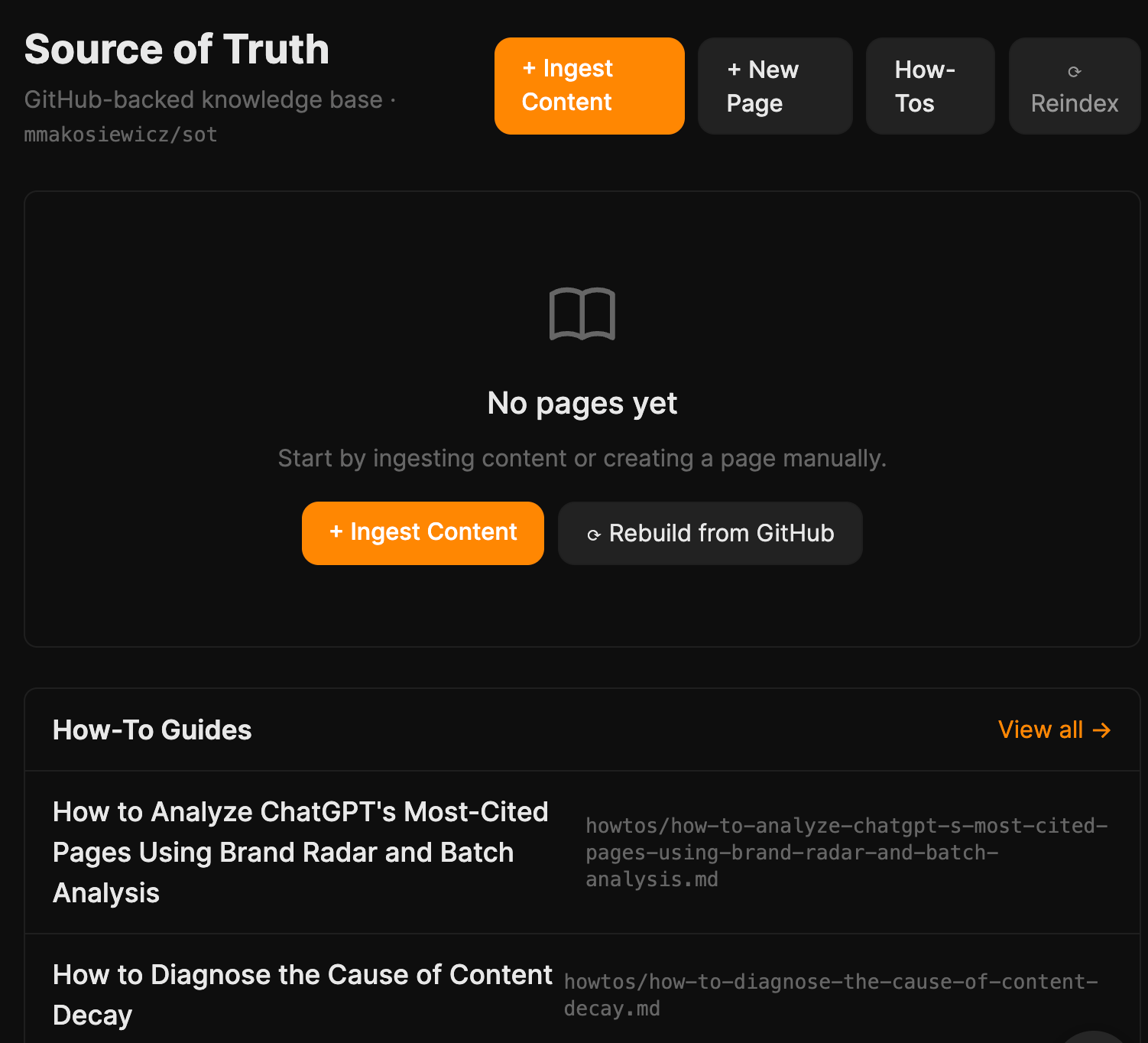 Una captura de pantalla de una plataforma de base de conocimientos llamada «Source of Truth», que muestra una sección de contenido vacía y una lista de «Guías prácticas».