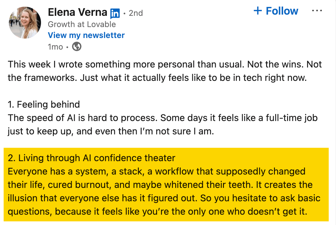Una publicación de LinkedIn de Elena Verna describiendo sentimientos personales sobre trabajar en el sector tecnológico en la actualidad.