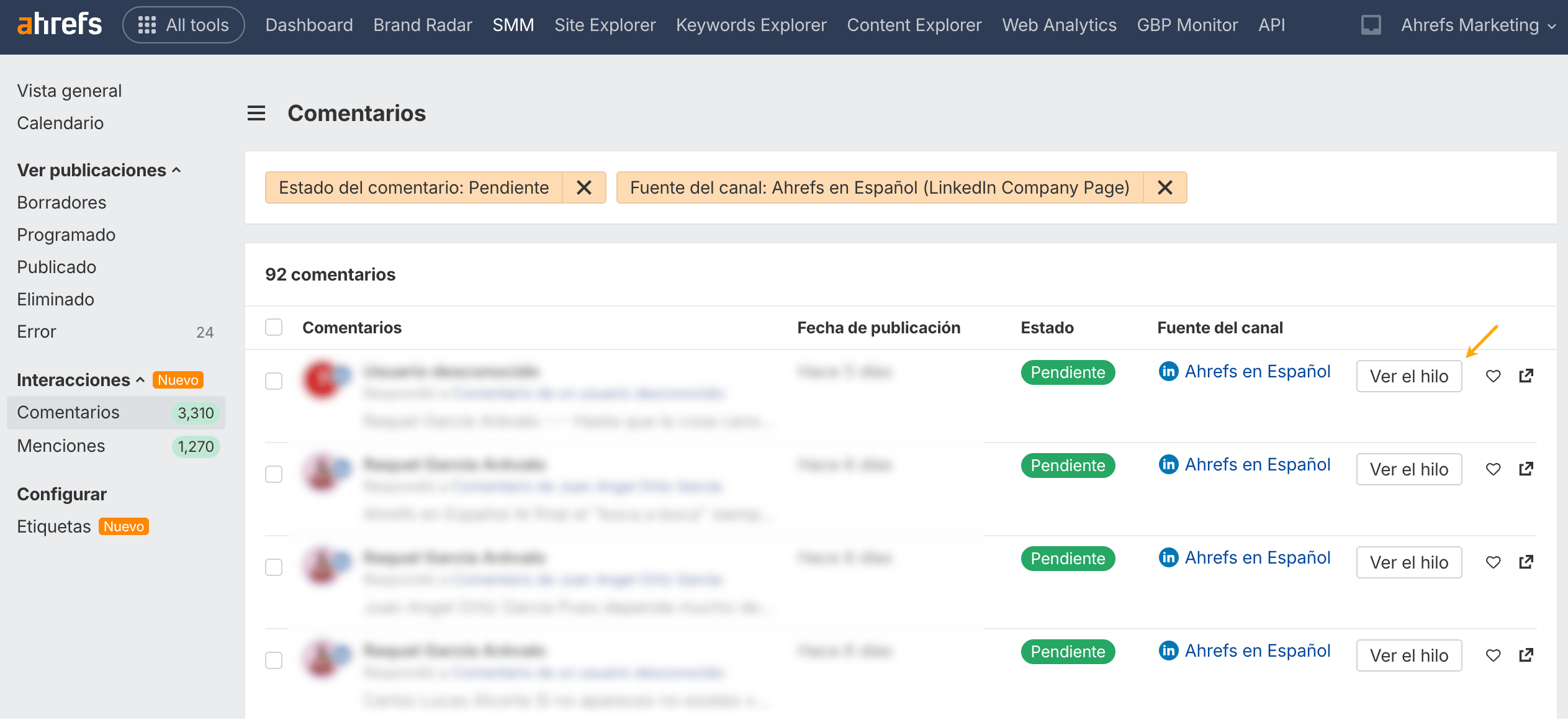 Opción de ver hilo completo en Social Media Manager