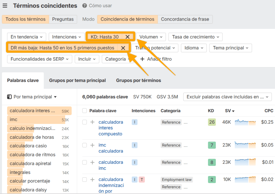 Captura de pantalla de filtros aplicados en Keywords Explorer para encontrar palabras clave asequibles.