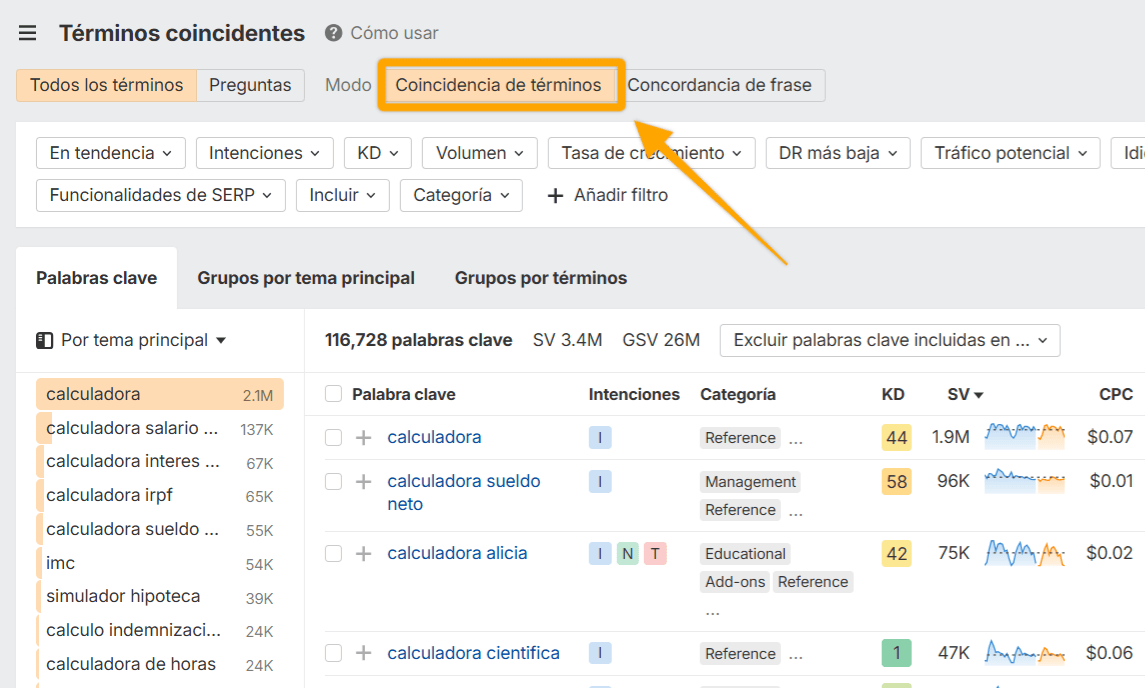Captura de pantalla de la herramienta Keywords Explorer mostrando el informe de términos coincidentes.