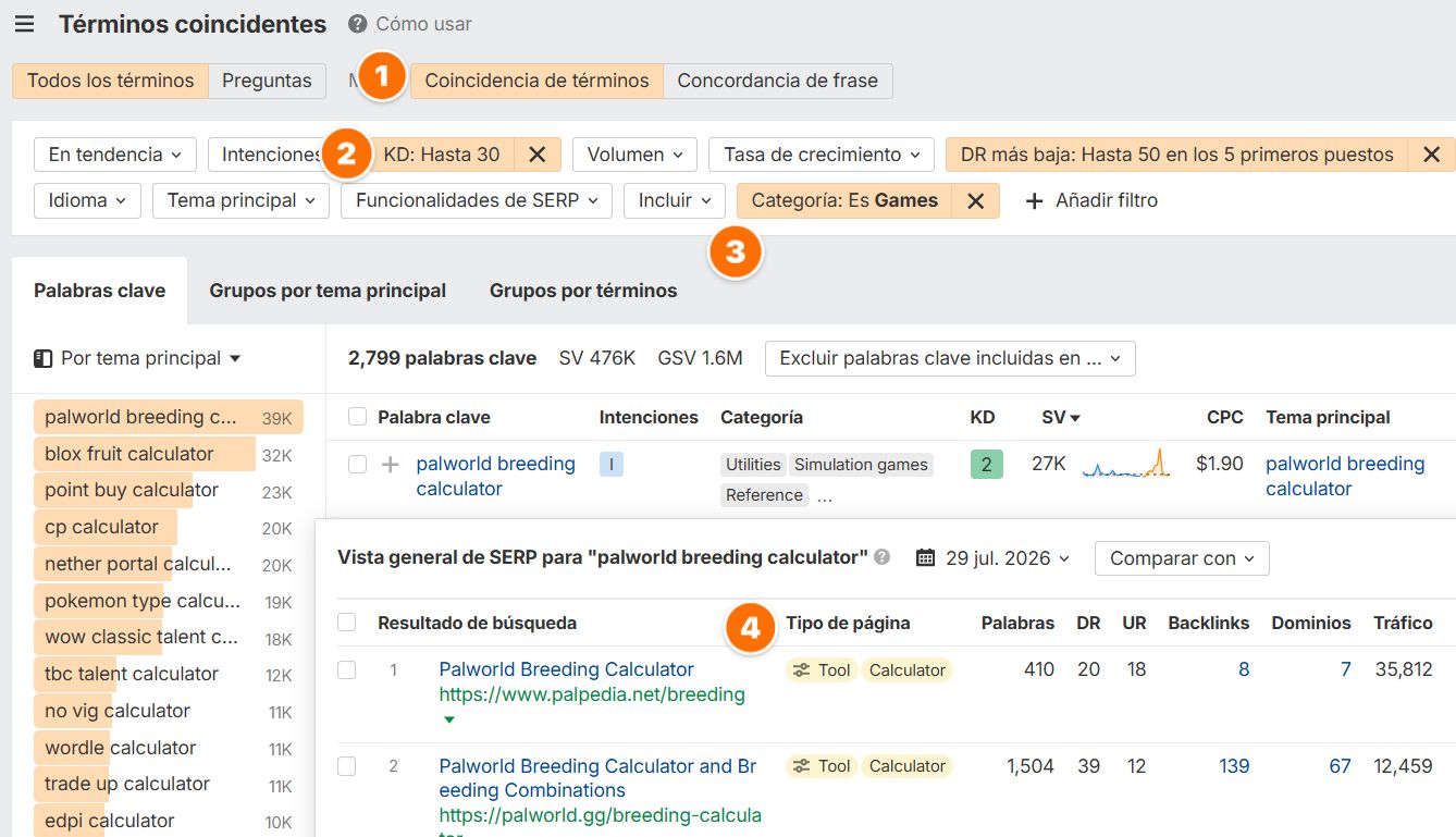 Captura de pantalla de la interfaz de Keywords Explorer de Ahrefs mostrando métricas de palabras clave.