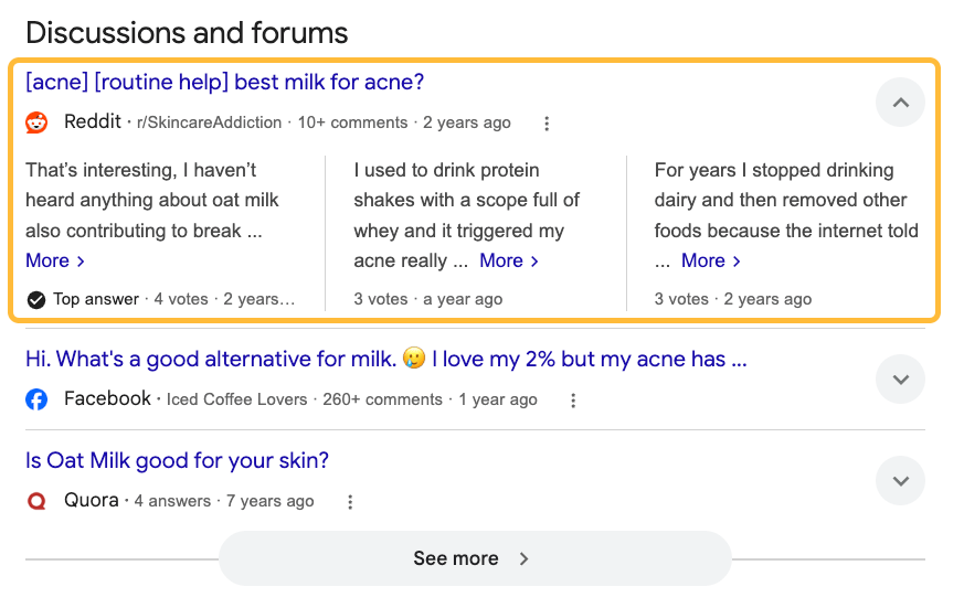 Captura de pantalla de los resultados de Google mostrando la funcionalidad SERP de Foros y Debates con hilos de Reddit