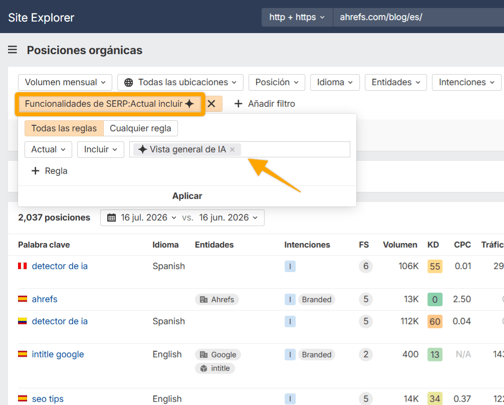 Captura de pantalla del informe Posiciones orgánicas en Site Explorer de Ahrefs filtrando por la característica SERP AI Overview.
